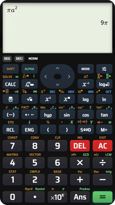 Schermo in stile fx-570/991ES PLUS 2 con la formula πa² e il risultato esatto 9π.