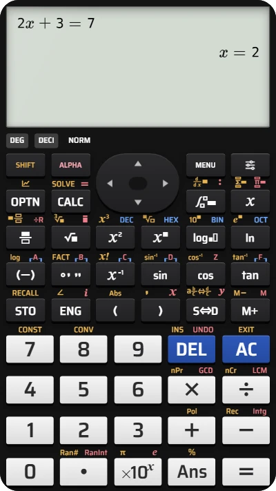The fx-991EX screen showing 2x + 3 = 7 solved automatically as x = 2.