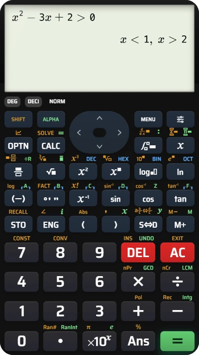 參考 fx-991EX 按鍵配置的 CalcES 畫面，顯示 x² − 3x + 2 > 0 的解 x < 1 或 x > 2。