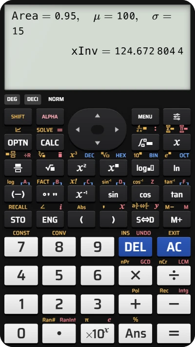 The fx-991EX Inverse Normal screen with Area = 0.95, mean 100, standard deviation 15 and xInv = 124.6728044.